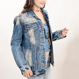 ADJKT019 Genuine leather Hand tooled hand carved Women 100% cotton Denim jacket dress ladies girl