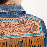 ADJKT019 Genuine leather Hand tooled hand carved Women 100% cotton Denim jacket dress ladies girl