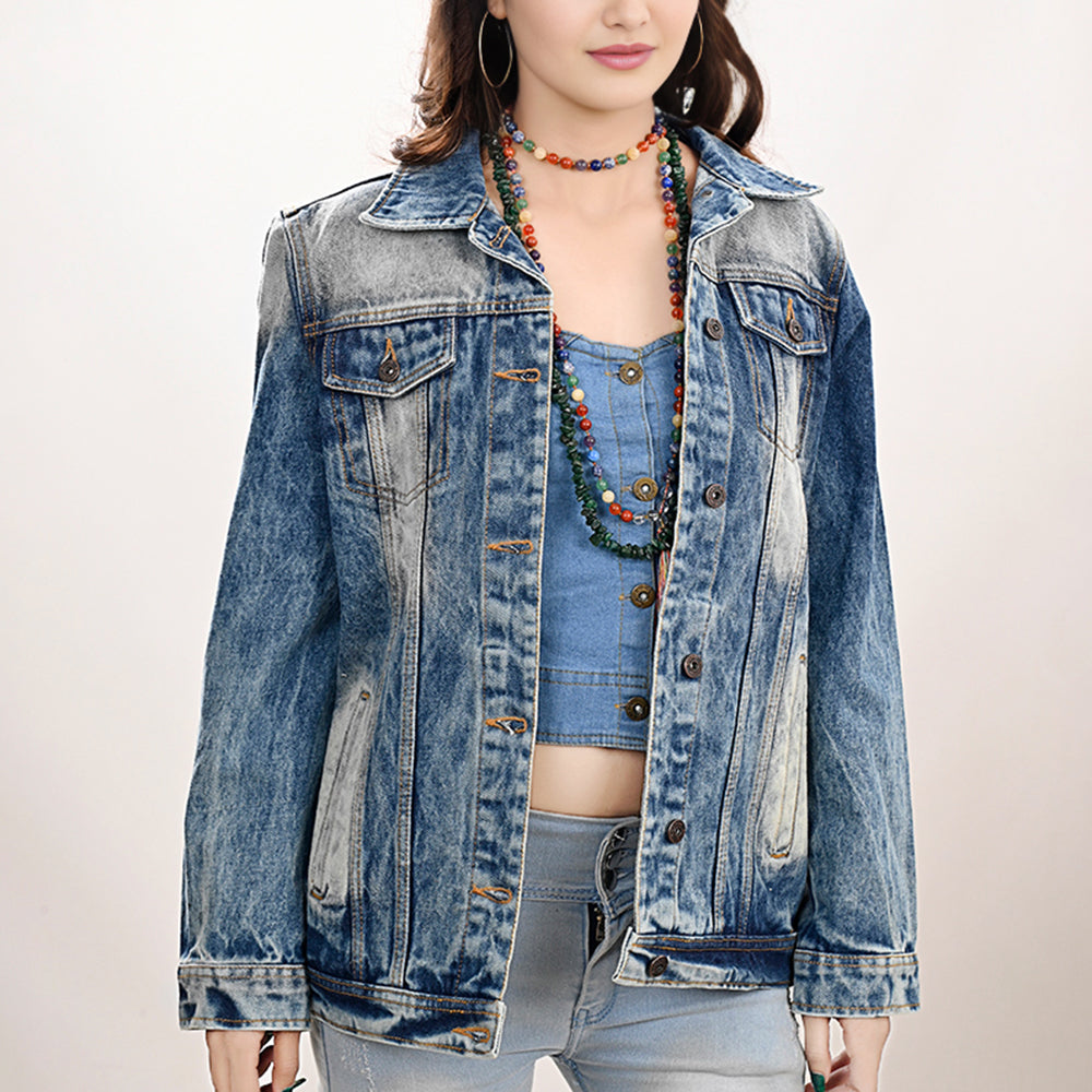 ADJKT019 Genuine leather Hand tooled hand carved Women 100% cotton Denim jacket dress ladies girl