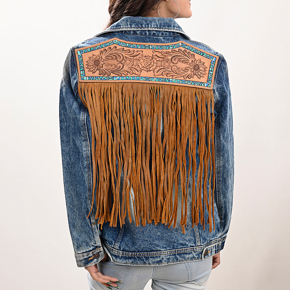 ADJKT019 Genuine leather Hand tooled hand carved Women 100% cotton Denim jacket dress ladies girl