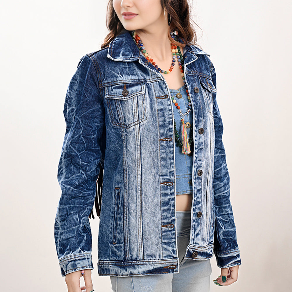 ADJKT020 Genuine leather Hand tooled hand carved Women 100% cotton Denim jacket dress ladies girl