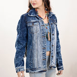 ADJKT020 Genuine leather Hand tooled hand carved Women 100% cotton Denim jacket dress ladies girl