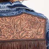 ADJKT020 Genuine leather Hand tooled hand carved Women 100% cotton Denim jacket dress ladies girl