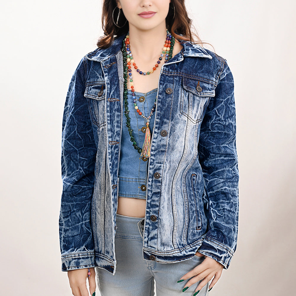 ADJKT020 Genuine leather Hand tooled hand carved Women 100% cotton Denim jacket dress ladies girl