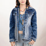 ADJKT020 Genuine leather Hand tooled hand carved Women 100% cotton Denim jacket dress ladies girl