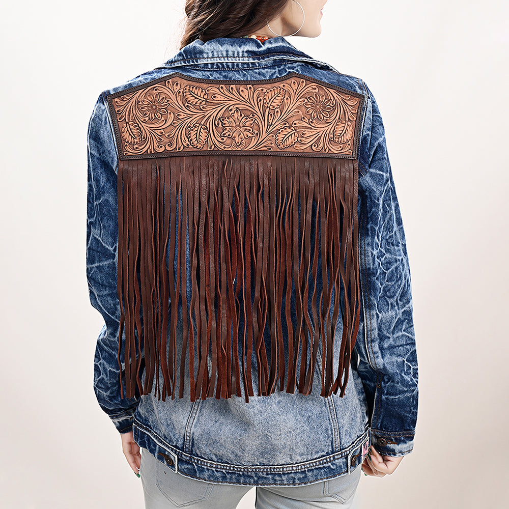 ADJKT020 Genuine leather Hand tooled hand carved Women 100% cotton Denim jacket dress ladies girl