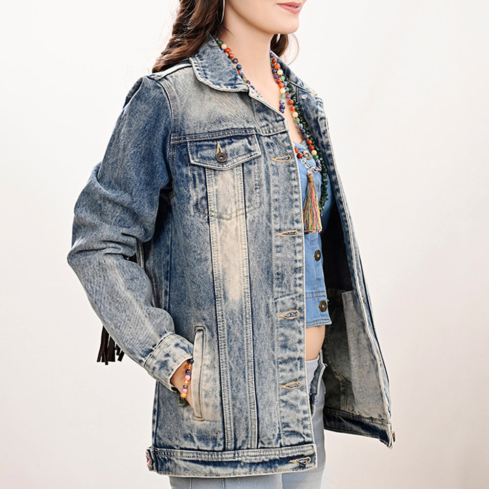 ADJKT023 Genuine leather Hand tooled hand carved Women 100% cotton Denim jacket dress ladies girl