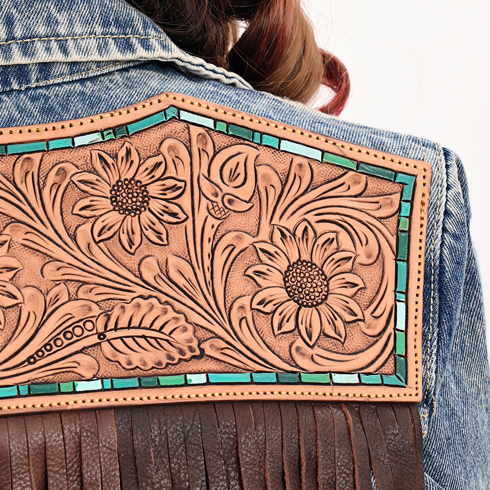 ADJKT023 Genuine leather Hand tooled hand carved Women 100% cotton Denim jacket dress ladies girl