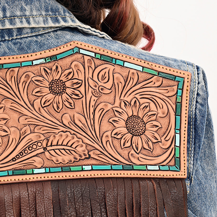 American Darling Genuine leather Hand tooled carved Women 100% cotton Denim jacket dress ladies girl | Shirt for