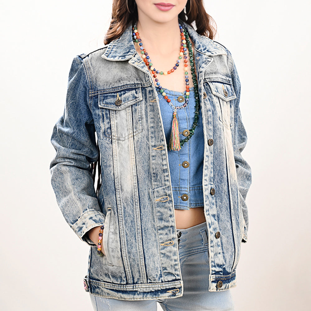 ADJKT023 Genuine leather Hand tooled hand carved Women 100% cotton Denim jacket dress ladies girl