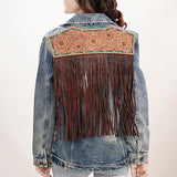 ADJKT023 Genuine leather Hand tooled hand carved Women 100% cotton Denim jacket dress ladies girl