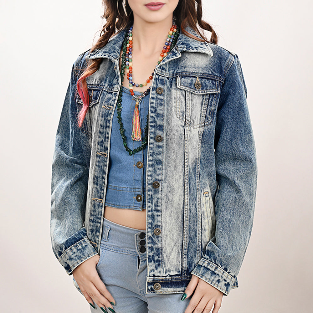 ADJKT027 Genuine leather Hand tooled hand carved Women 100% cotton Denim jacket dress ladies girl