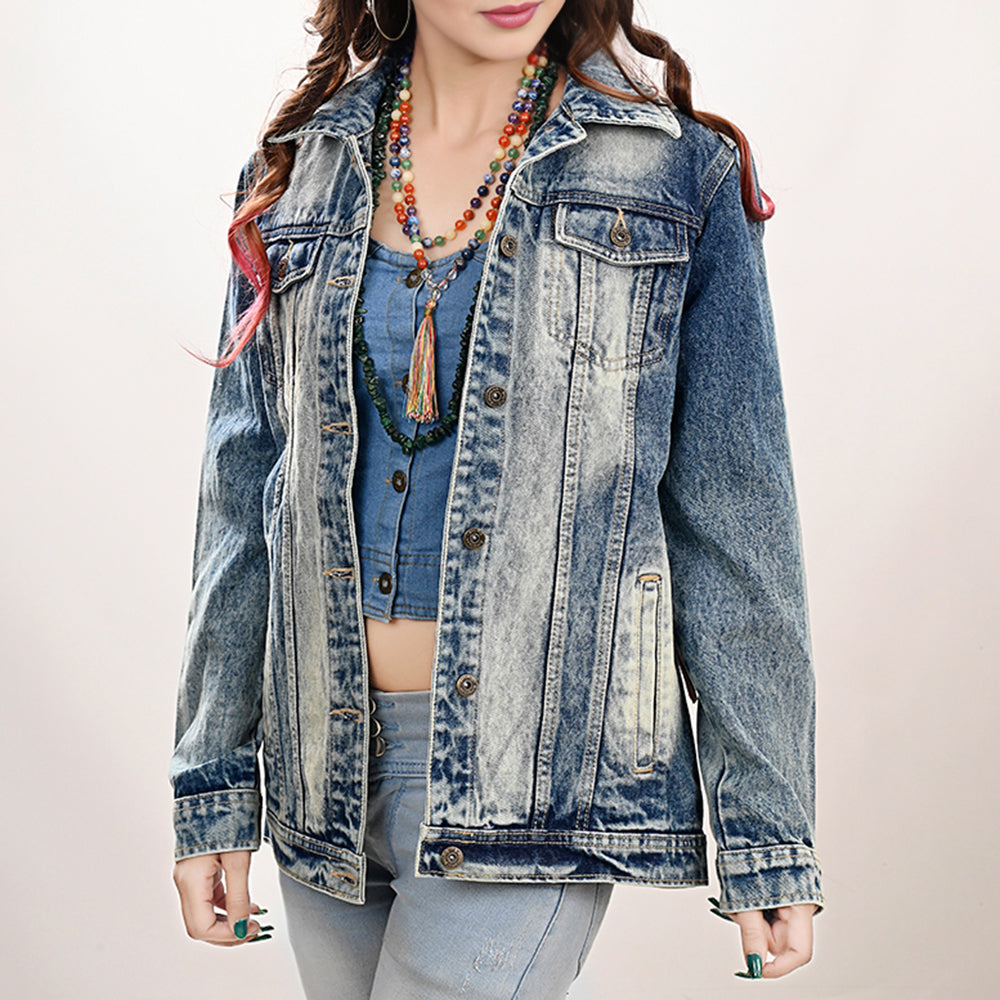 ADJKT027 Genuine leather Hand tooled hand carved Women 100% cotton Denim jacket dress ladies girl