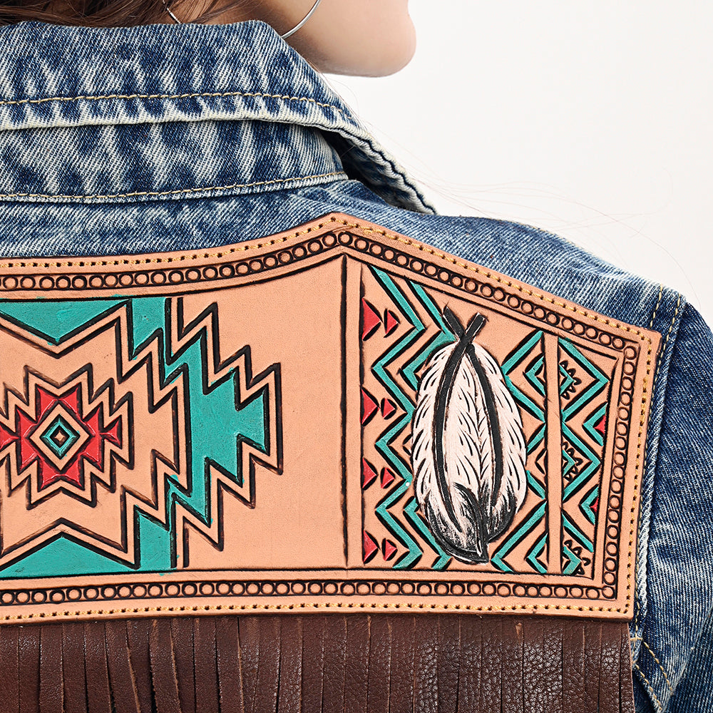 ADJKT027 Genuine leather Hand tooled hand carved Women 100% cotton Denim jacket dress ladies girl