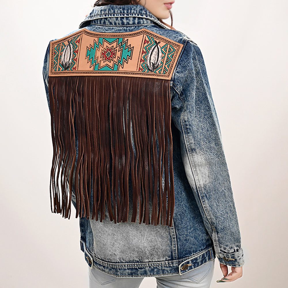 ADJKT027 Genuine leather Hand tooled hand carved Women 100% cotton Denim jacket dress ladies girl