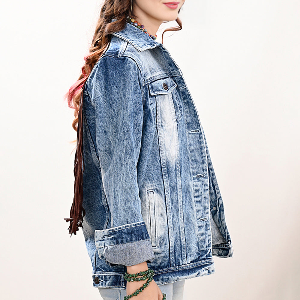 ADJKT026 Genuine leather Hand tooled hand carved Women 100% cotton Denim jacket dress ladies girl
