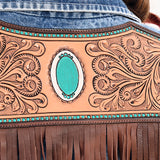 ADJKT026 Genuine leather Hand tooled hand carved Women 100% cotton Denim jacket dress ladies girl