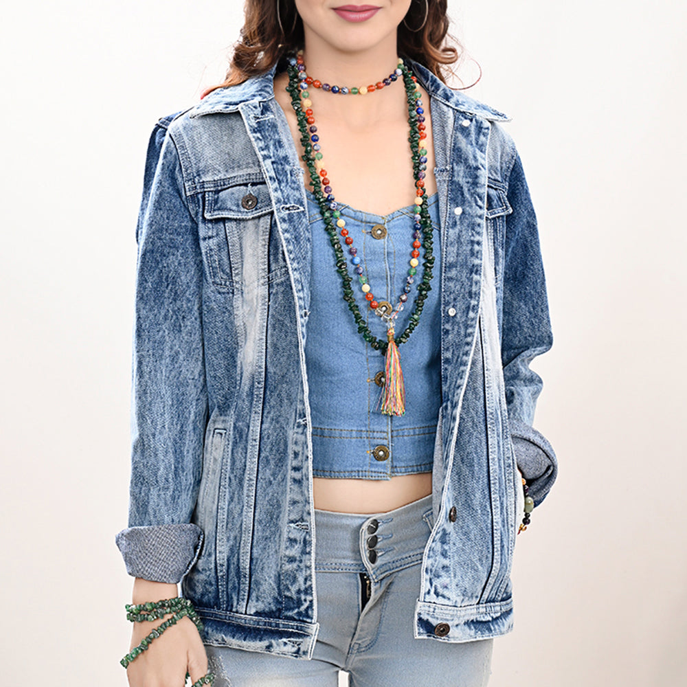 ADJKT026 Genuine leather Hand tooled hand carved Women 100% cotton Denim jacket dress ladies girl
