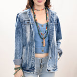 ADJKT026 Genuine leather Hand tooled hand carved Women 100% cotton Denim jacket dress ladies girl
