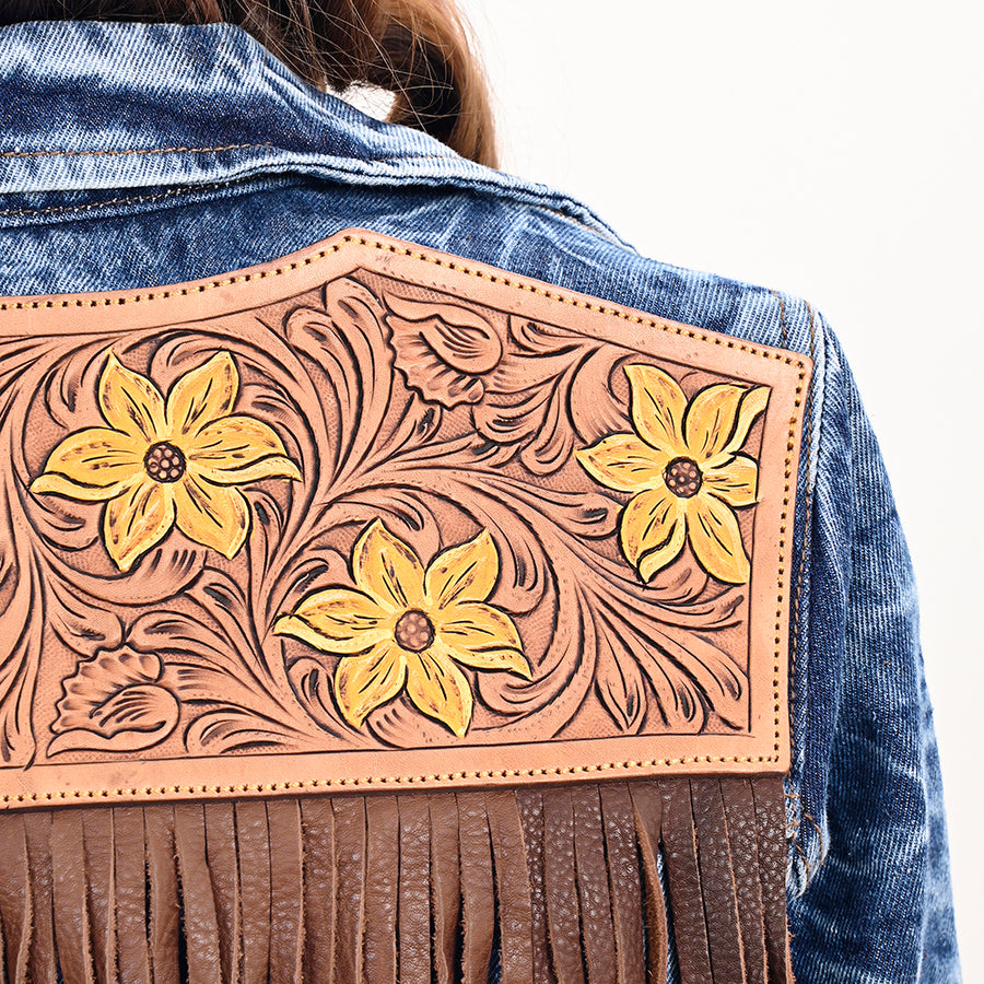 American Darling Genuine leather Hand tooled carved Women 100% cotton Denim jacket dress ladies girl | Shirt for