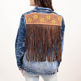 ADJKT028 Genuine leather Hand tooled hand carved Women 100% cotton Denim jacket dress ladies girl