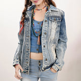ADJKT031 Genuine leather Hand tooled hand carved Women 100% cotton Denim jacket dress ladies girl
