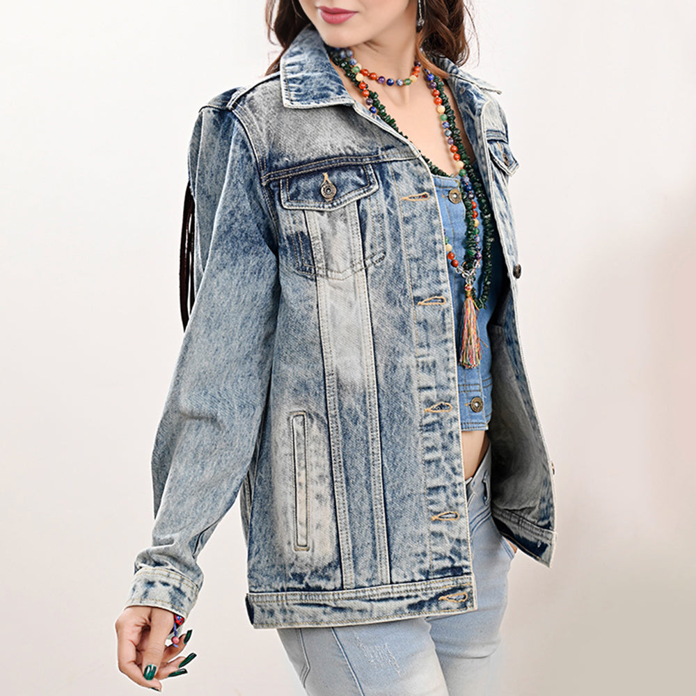 ADJKT031 Genuine leather Hand tooled hand carved Women 100% cotton Denim jacket dress ladies girl