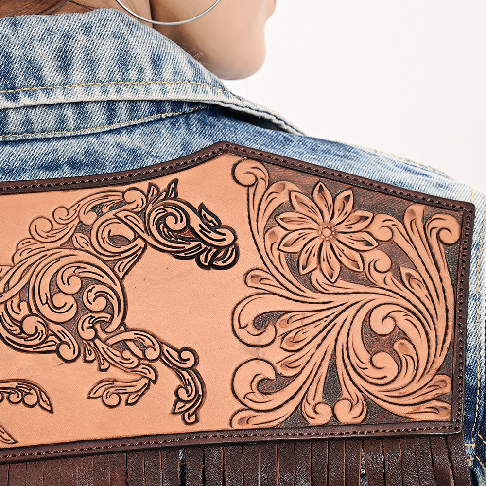 ADJKT031 Genuine leather Hand tooled hand carved Women 100% cotton Denim jacket dress ladies girl