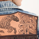 ADJKT031 Genuine leather Hand tooled hand carved Women 100% cotton Denim jacket dress ladies girl