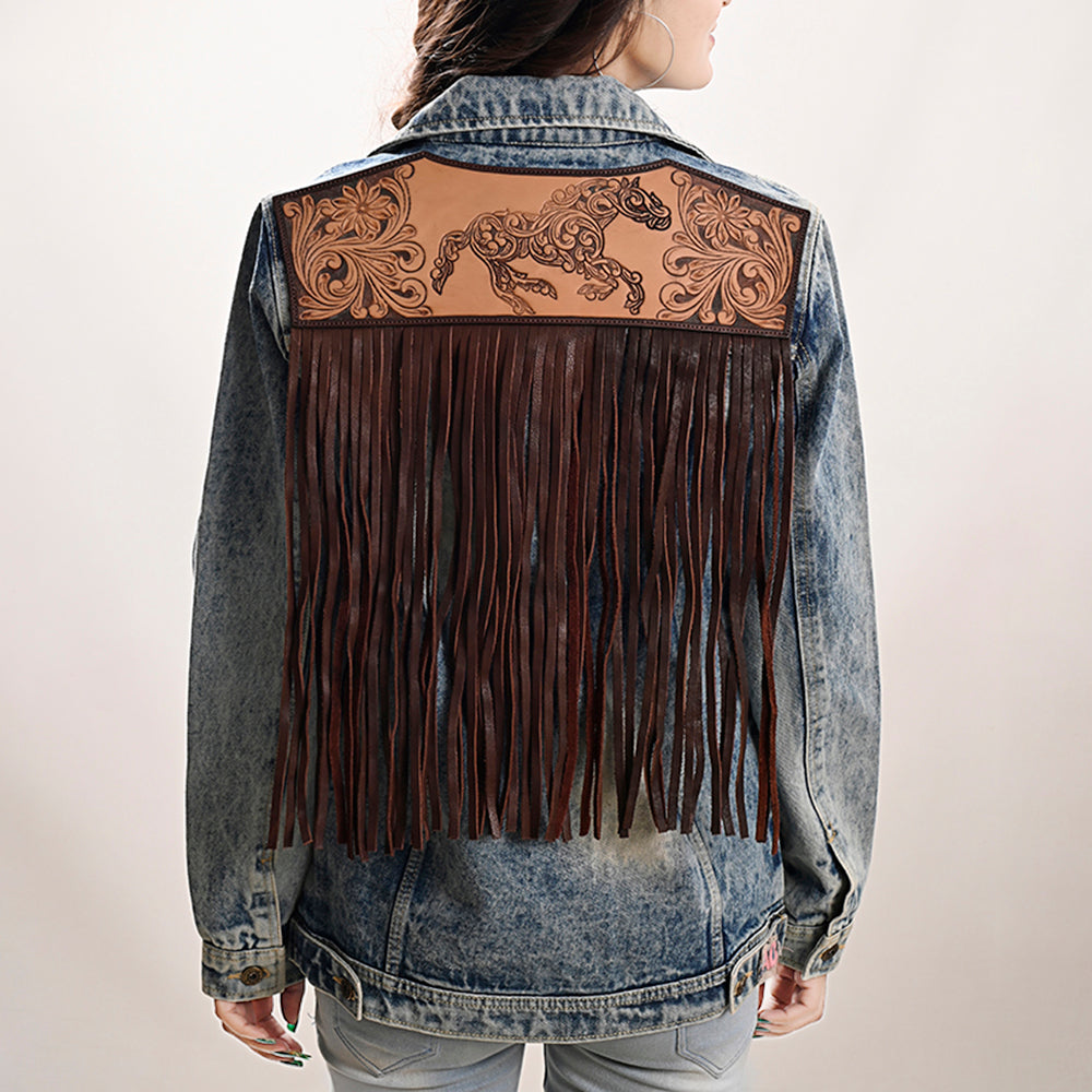 ADJKT031 Genuine leather Hand tooled hand carved Women 100% cotton Denim jacket dress ladies girl