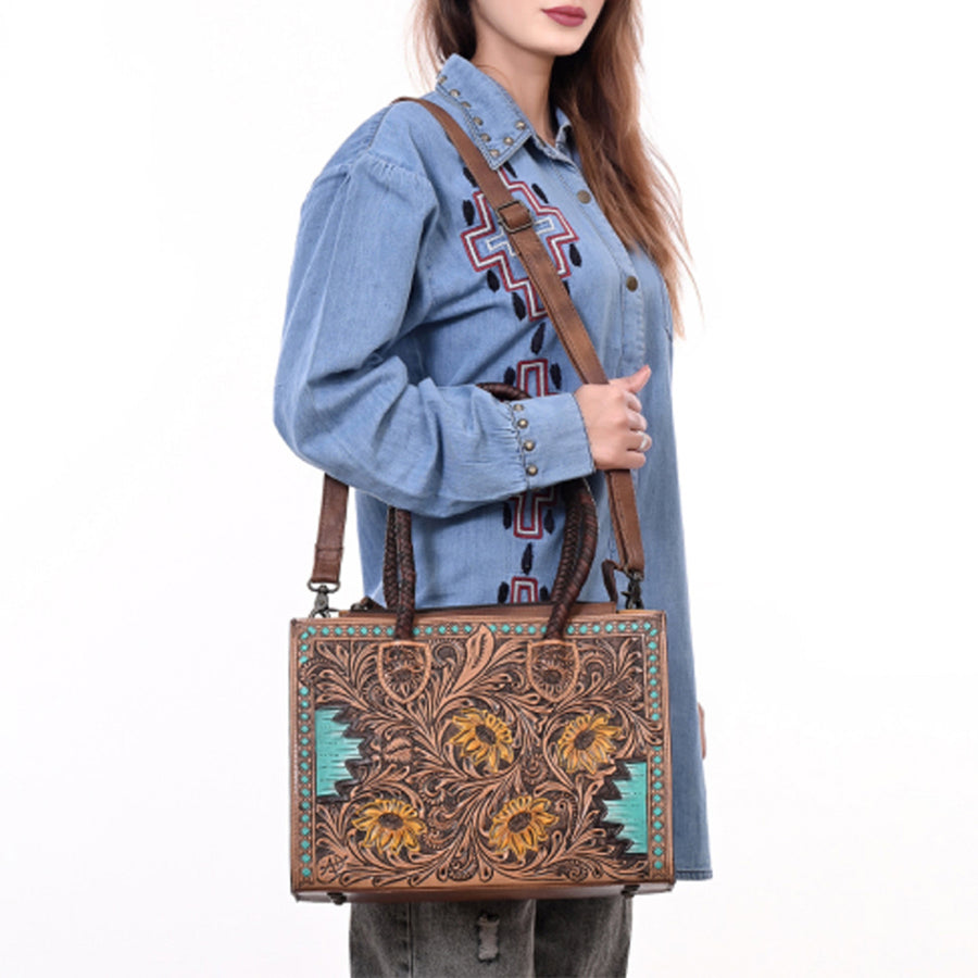 American Darling Western Tote Handcrafted from Genuine Leather | Tooled Sunflower & Turquoise Accents Crossbody Bag for Women