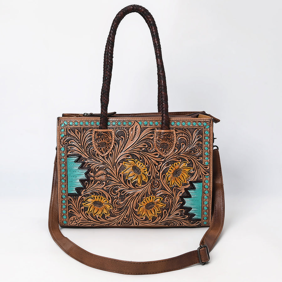 American Darling Western Tote Handcrafted from Genuine Leather | Tooled Sunflower & Turquoise Accents Crossbody Bag for Women