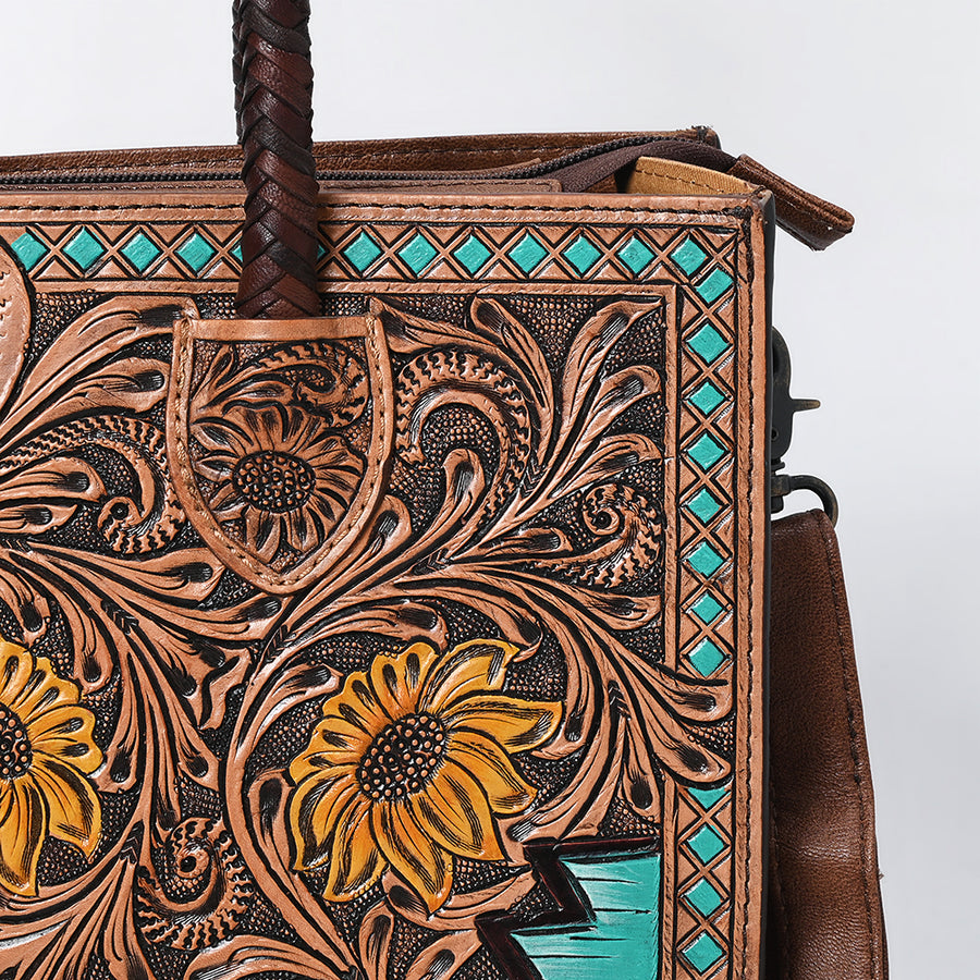 American Darling Western Tote Handcrafted from Genuine Leather | Tooled Sunflower & Turquoise Accents Crossbody Bag for Women
