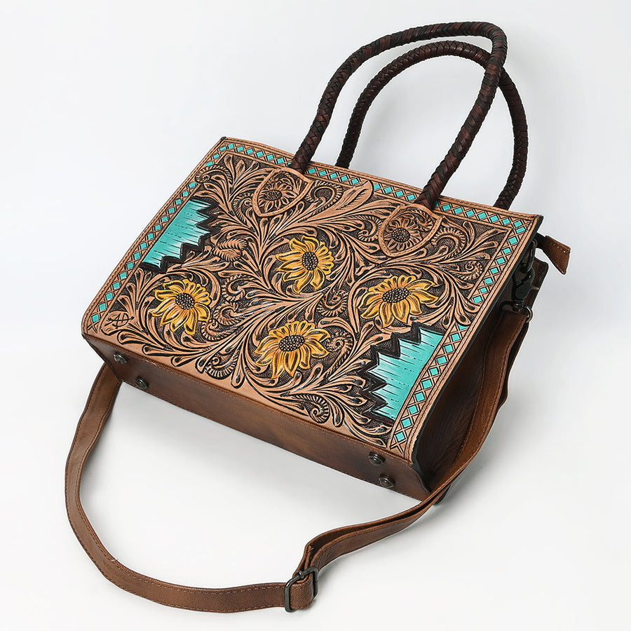 American Darling Western Tote Handcrafted from Genuine Leather | Tooled Sunflower & Turquoise Accents Crossbody Bag for Women