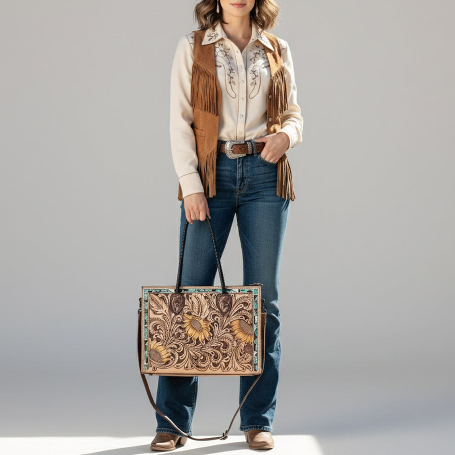 American Darling Western Tote Handcrafted from Genuine Leather | Tooled Sunflower & Turquoise Accents Crossbody Bag for Women