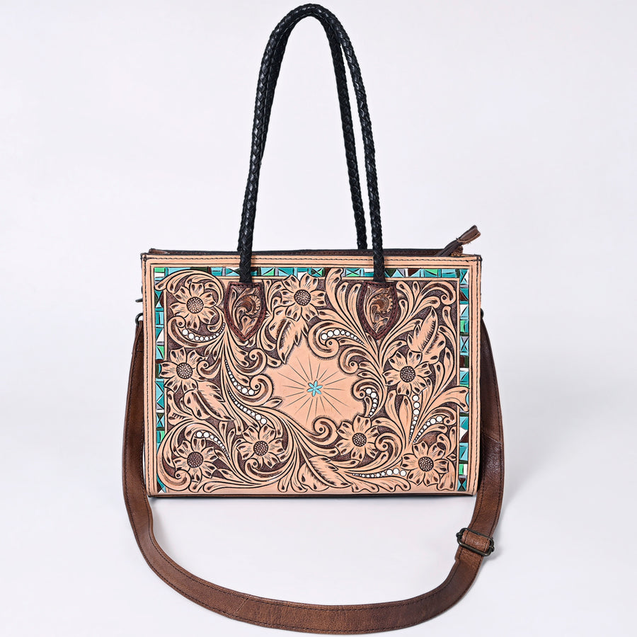 American Darling Western Tote Handcrafted from Genuine Leather | Tooled Sunflower & Turquoise Accents Crossbody Bag for Women