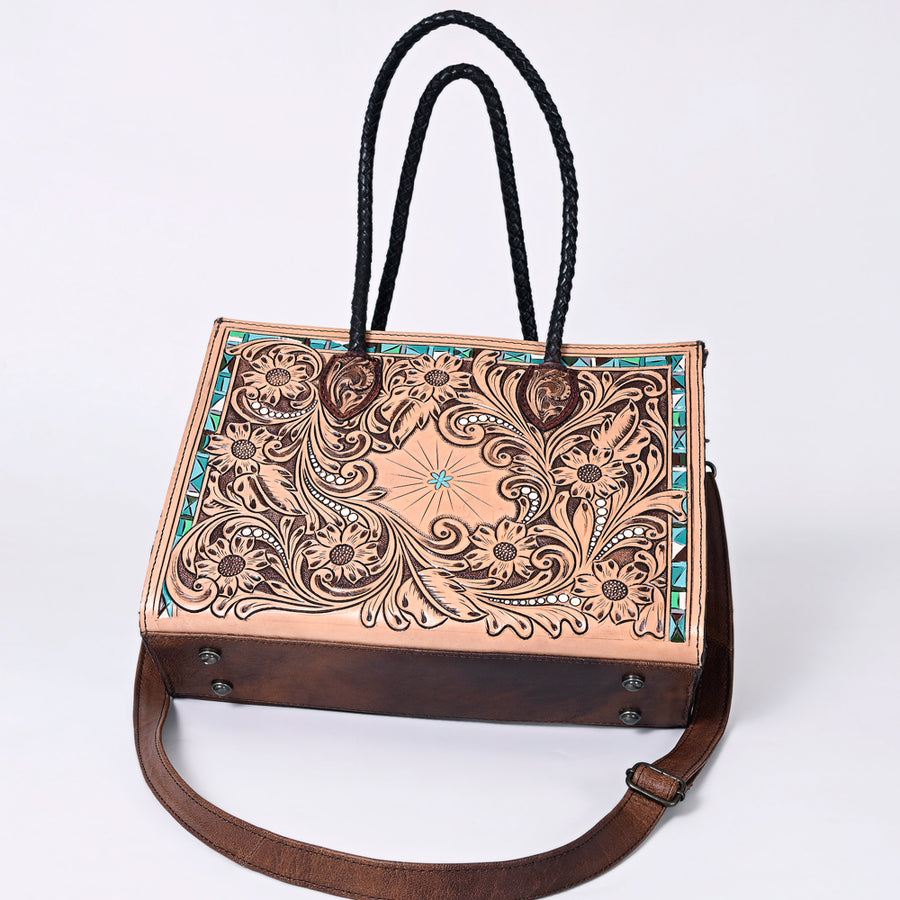 American Darling Western Tote Handcrafted from Genuine Leather | Tooled Sunflower & Turquoise Accents Crossbody Bag for Women