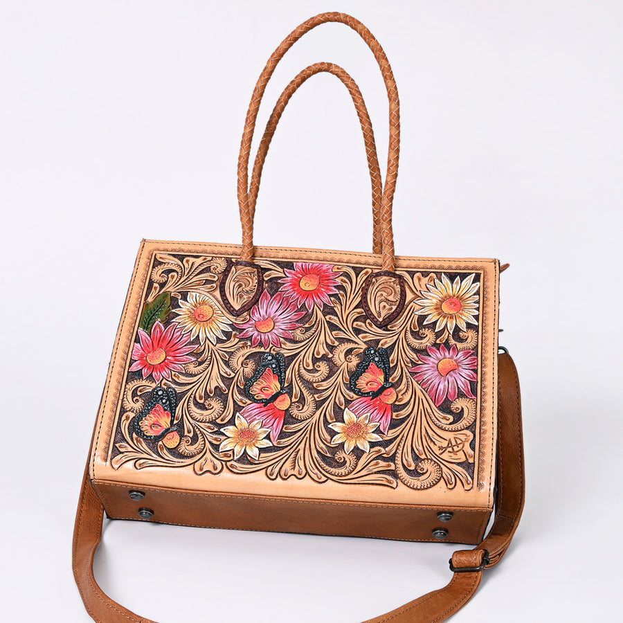 American Darling Western Tote Handcrafted from Genuine Leather | Tooled Sunflower & Turquoise Accents Crossbody Bag for Women