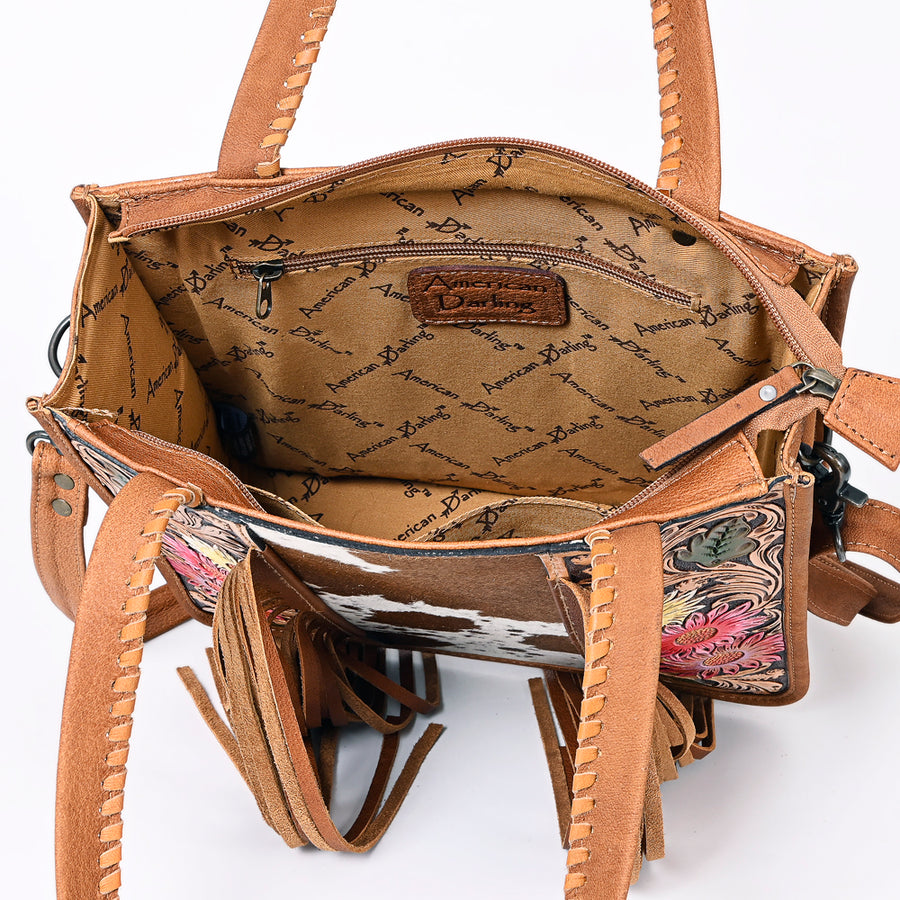 American Darling Western Tote Bag – Genuine Hair-on Cowhide and Leather, Hand-Tooled Floral Design with Long Fringes and Dual Carry Straps