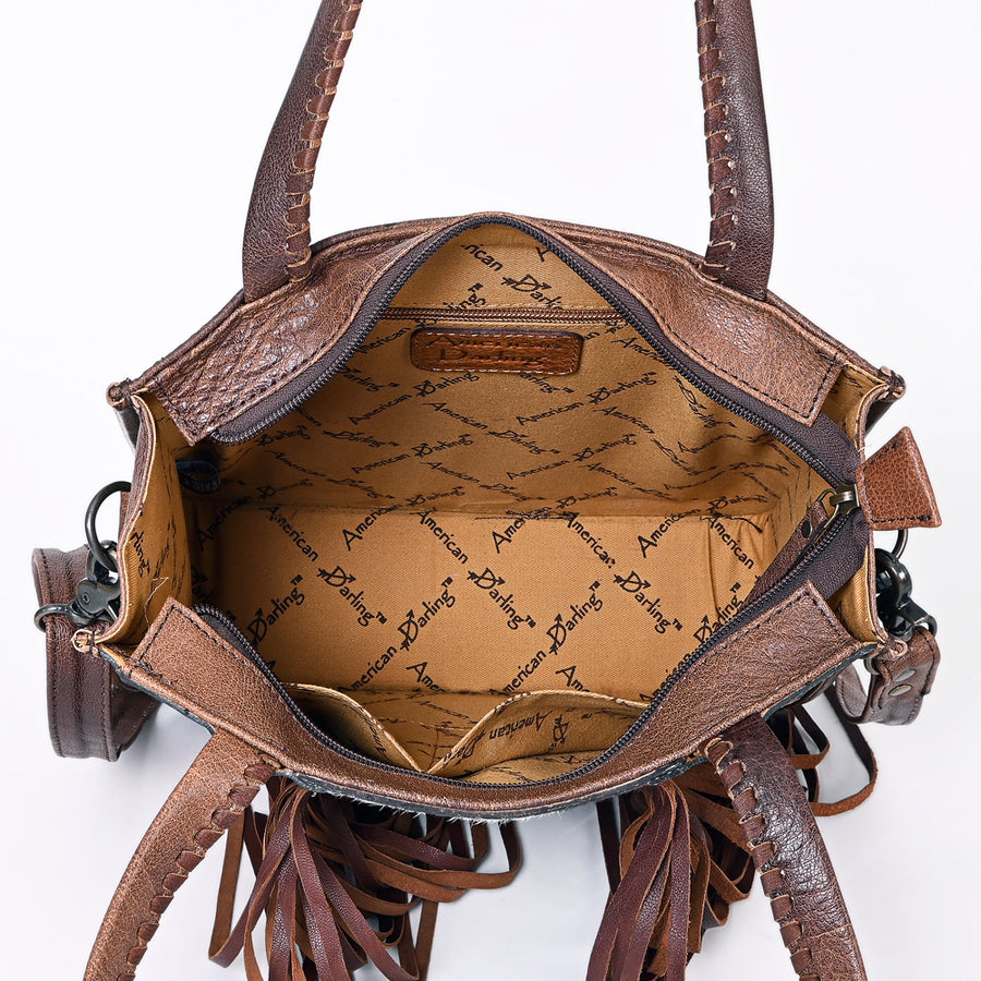 American Darling Western Tote Bag – Genuine Hair-on Cowhide and Leather, Hand-Tooled Floral Design with Long Fringes and Dual Carry Straps