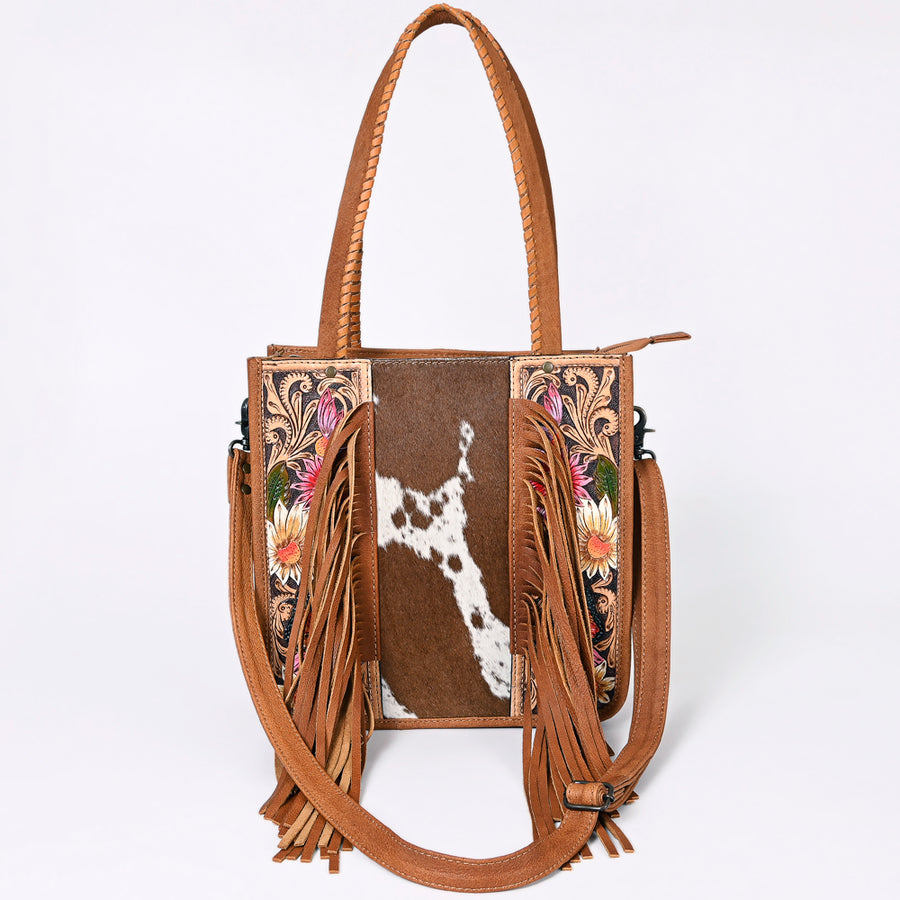 American Darling Western Tote Bag – Genuine Hair-on Cowhide and Leather, Hand-Tooled Floral Design with Long Fringes and Dual Carry Straps