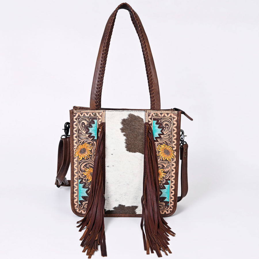 American Darling Western Tote Bag – Genuine Hair-on Cowhide and Leather, Hand-Tooled Floral Design with Long Fringes and Dual Carry Straps