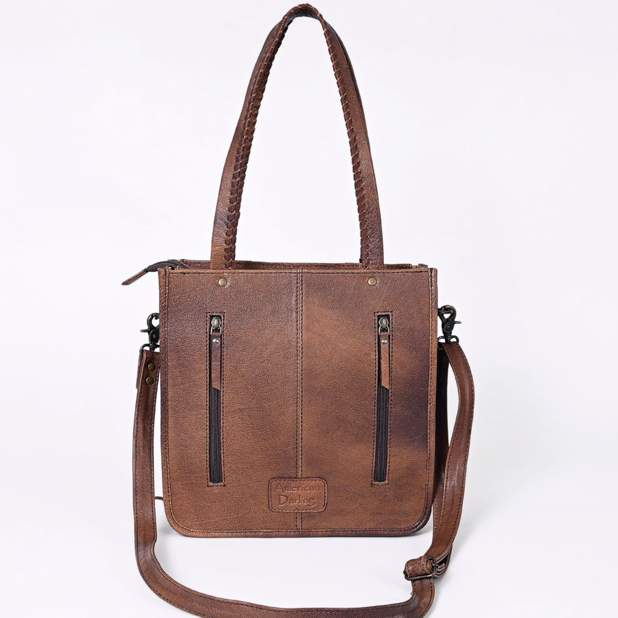 American Darling Western Tote Bag – Genuine Hair-on Cowhide and Leather, Hand-Tooled Floral Design with Long Fringes and Dual Carry Straps