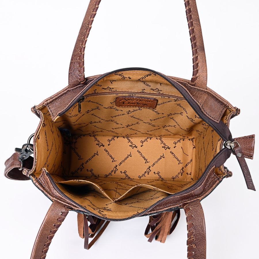 American Darling Western Tote Bag – Genuine Hair-on Cowhide and Leather, Hand-Tooled Floral Design with Long Fringes and Dual Carry Straps