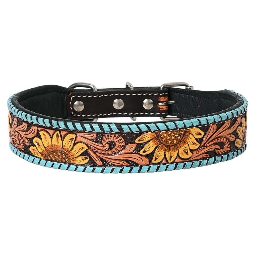 Medium Hilason Western Hand Carved Floral Genuine Leather Dog Collar Brown / Black Inlay With Tooled and Painted - Uhorse