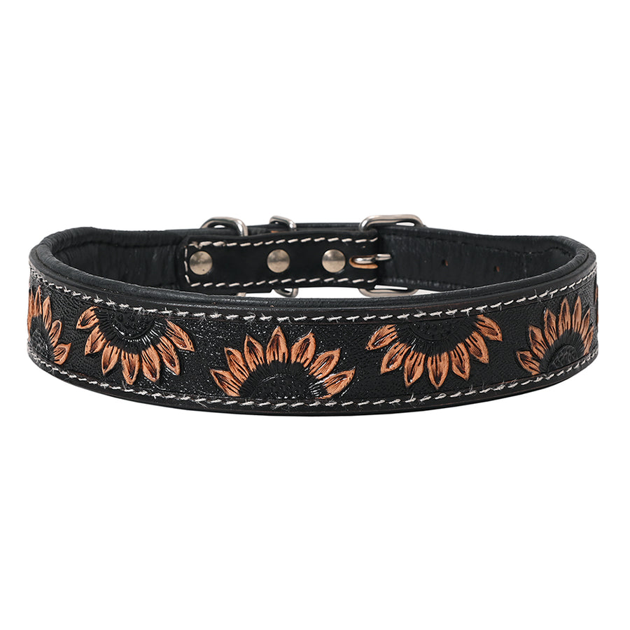 large Hilason Western Hand Carved Sunflower Genuine Leather Dog Collar Black - Uhorse