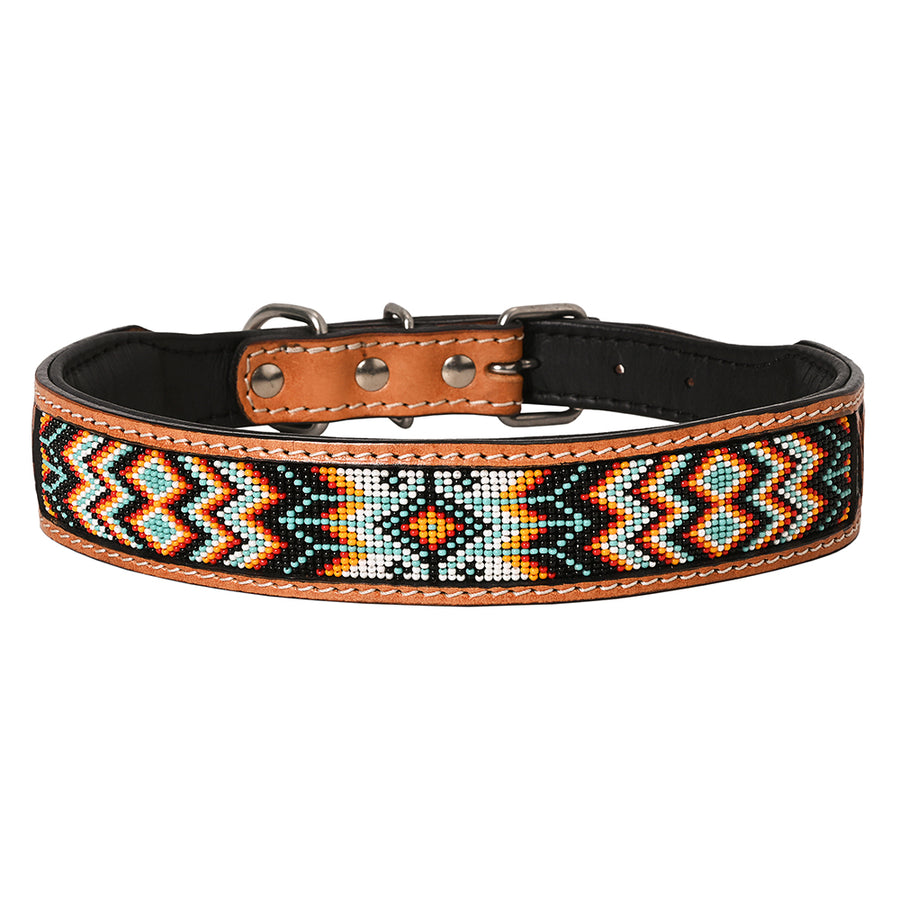 Hilason Western Beaded Aztec Design Hand Work Genuine Leather Dog Collar Tan - Uhorse