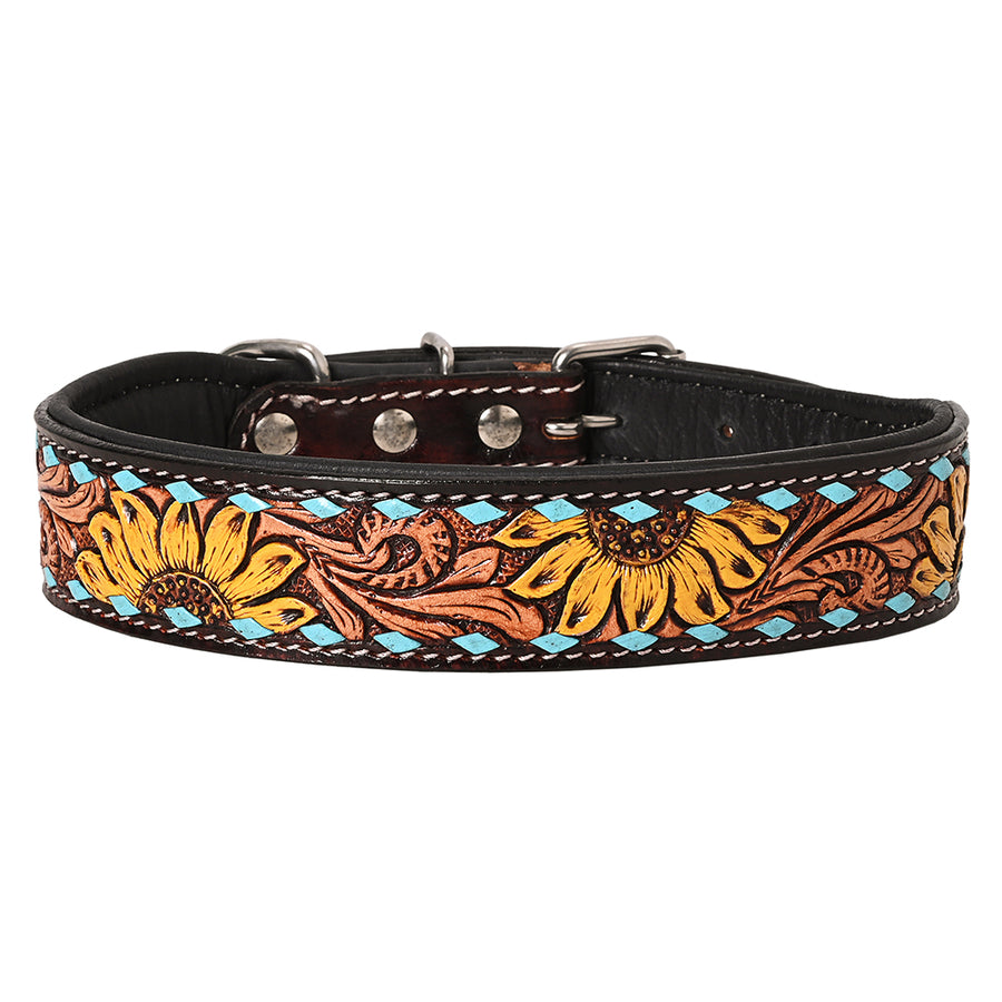 Medium Hilason Western Hand Carved Floral Genuine Leather Dog Collar Brown With Tooled and Painted - Uhorse