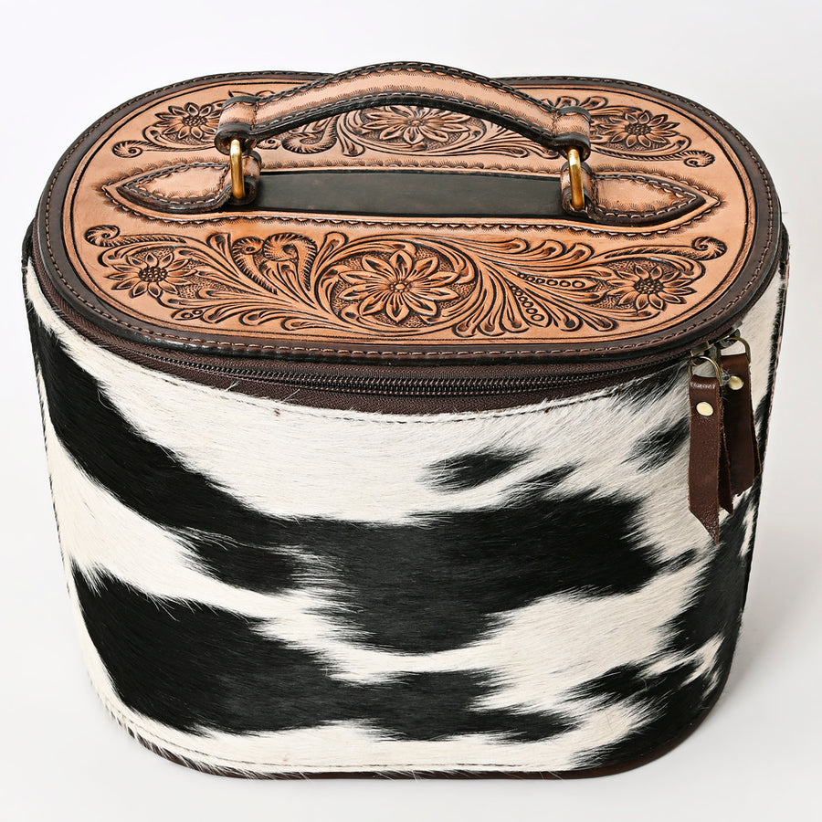 American Darling Hand Tooled Floral Carved Leather Jewelry Case Hair-On Cowhide Genuine Leather YKK Zipper Western Accessory