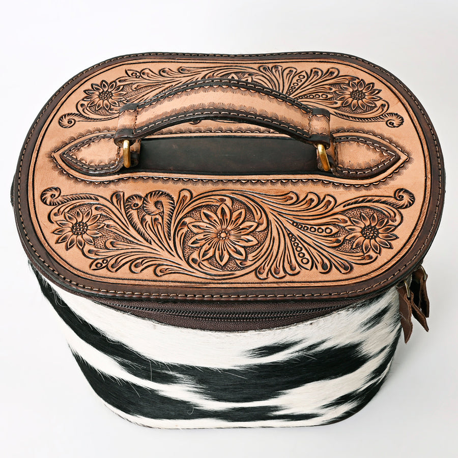 American Darling Hand Tooled Floral Carved Leather Jewelry Case Hair-On Cowhide Genuine Leather YKK Zipper Western Accessory